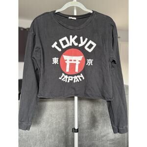 Tokyo Japan Graphic Crop Top Long Sleeve Y2K Streetwear Cotton Tee - Size L